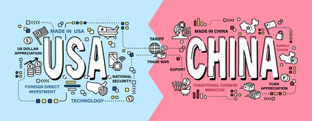 United states of america vs China . Word and outline icon on solid color background . Competition and Conflict of both country . Vector .のイラスト素材