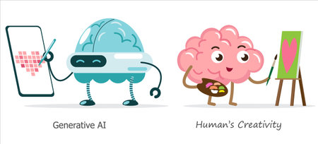 AI brain vs human brain in drawing and painting . Cartoon character . Vector .のイラスト素材