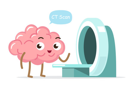 Brain cartoon character and CT scan machine . Medical check-up . Isolated on white background . Vector .のイラスト素材