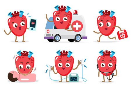 CPR and heart cartoon characters .  Basic life support and advanced cardiac life support . Isolated white background . Vector .のイラスト素材