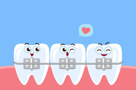 Orthodontics braces . Dental teeth cartoon characters and copy space on upper site. Vector .のイラスト素材