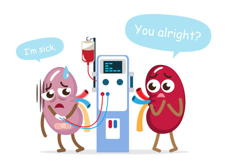 Chronic kidney disease, normal kidney and hemodialysis machine . Cute medical cartoon character . Isolated white background . Vector .のイラスト素材