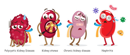 Kidney diseases . Include Polycystic Kidney Disease, Renal stones, Chronic renal failure, Nephritis . Collection of cute medical cartoon characters . Isolated white background . Vector .のイラスト素材