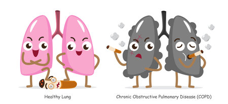 Healthy lung and COPD lung and cigarette . Funny medical cartoon characters . Isolated white background . Vector .のイラスト素材