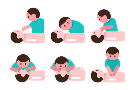 CPR . Cardiopulmonary resuscitation guideline . Include chest compression, open airway and rescue breathing . Flat design cartoon characters . Isolate white background . Vector .のイラスト素材