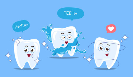 Healthy teeth cartoon characters . Isolated on blue background . Vector .のイラスト素材