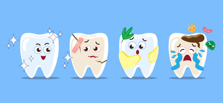 Tooth disease . Healty tooth, cracked tooth, tartar and food stuck on teeth and dental caries . Set of funny cartoon character . Isolated on blue background . Vector .のイラスト素材