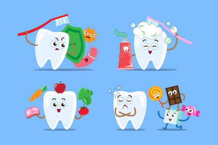 Healthy tooth cartoon character illustration . Isolated on blue background . Vector .のイラスト素材