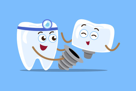 Dental implant . Dentist and artificial tooth with screw . Cartoon characters . Vector .のイラスト素材