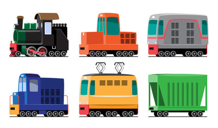 Train vehicles transportation cartoon illustration . Includes steam locomotive, diesel docomotive, passenger car, electric locomotive, electric multiple unit and open wagon . Set 1 of 3 . Vector .のイラスト素材