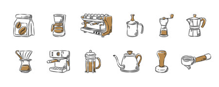 Coffee hand drawn icon collection. Set 3 of 3. Editable stroke. Vector illustration.のイラスト素材