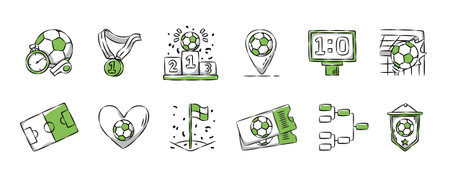 Soccer or Football hand drawn icon collection. Sports equipment concept. Set 2 of 3. Vector illustration.のイラスト素材