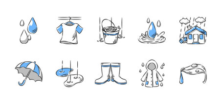 Rainy season hand drawn icon collection. Set 1 of 4. Vector illustration.のイラスト素材