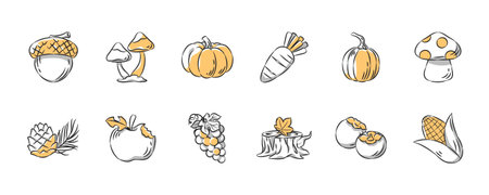 Autumn season hand drawn icon collection. Set 2 of 3. Vector illustration.のイラスト素材