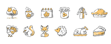 Autumn season hand drawn icon collection. Set 3 of 3. Vector illustration.のイラスト素材
