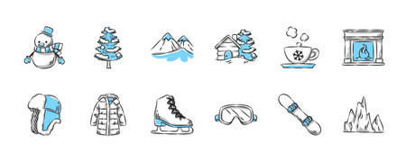 Winter season hand drawn icon collection. Set 2 of 3. Vector illustration.のイラスト素材