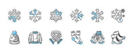 Winter season hand drawn icon collection. Set 1 of 3. Vector illustration.のイラスト素材