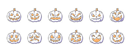 Halloween pumpkins or jack-o'-lanterns . Hand drawn icon cartoon illustration collection . Vector .のイラスト素材