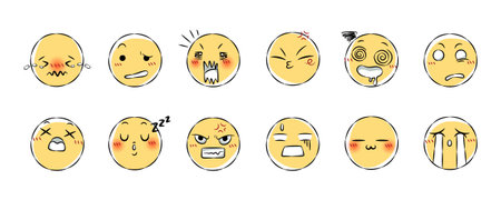 Set of hand drawn emoji icon . Facial expression cartoon illustration . Collection 3 of 3 . Vector .のイラスト素材