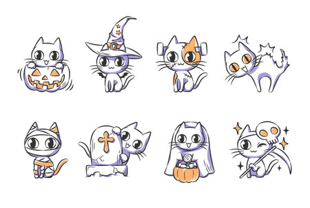 Set of cute Halloween cat costume illustration such as witch, frankenstein, mummy, grim reaper  . Hand drawn icon collection . Vector .のイラスト素材