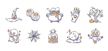 Set of Halloween elements and hand drawn icons includes a witch hat, eyeball, cauldron, hand with eyeball, spooky tree, skulls, spiderweb, potion bottle, crystal ball, pumpkin head scarecrow . Vectorのイラスト素材