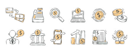 Financial and business . Hand drawn icon cartoon illustration collection . Set 3 of 3 . Vector .のイラスト素材