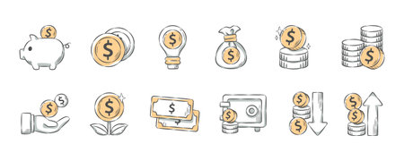 Financial and business . Hand drawn icon cartoon illustration collection . Set 1 of 3 . Vector .のイラスト素材