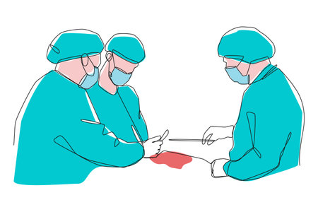 Minimalist line art illustration of a surgical team in operating room . Editable stroke . Vector .のイラスト素材