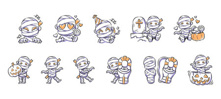 Set of halloween cute and spooky mummy character illustration . Hand drawn icon . Vector .のイラスト素材