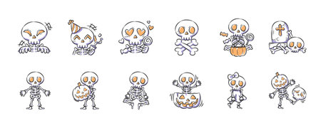 Set of halloween cute and spooky skeleton character illustration . Hand drawn icon . Vector .のイラスト素材