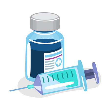 Vaccine vial and syringe cartoon illustration on white isolated background . Vector .のイラスト素材