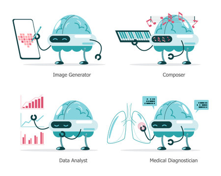 AI robotic brain has various abilities . They can draw picture, compose music, analyze data and diagnose disease . Cartoon illustration . Isolated white background . Vector .のイラスト素材