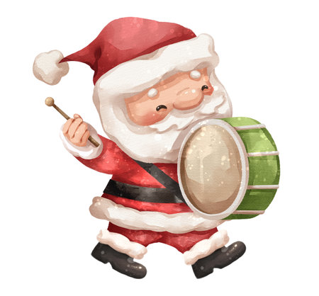 Watercolor cartoon illustration of santa claus playing a large green marching drum in christmas festive . Hand drawn digital painting . Isolated white background .の写真素材