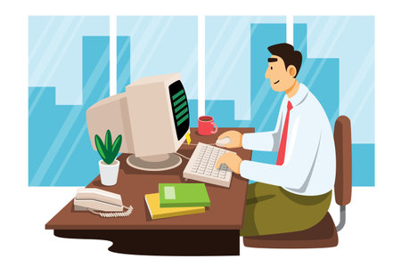 Age of Information. Office worker working on computers. Cartoon character illustration. Isolated white background. Vector.のイラスト素材