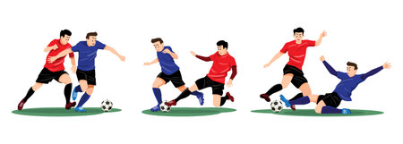 Set of two footballers tackle to win the ball back . Flat design cartoon character . Vector .のイラスト素材