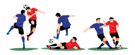 Set of two footballers tackle to win the ball back . Flat design cartoon character . Vector .のイラスト素材