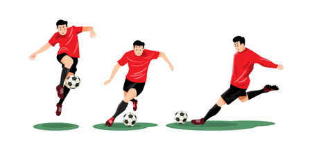 Set of soccer player is kicking the ball into the goal . Flat design cartoon character illustration . Vector .のイラスト素材