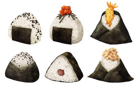 Premium realistic hand-drawn watercolor illustration set of Japanese Onigiri rice balls. Featuring pickled plum or umeboshi, shrimp tempura or tenmusu, spicy cod roe  or mentaiko and tuna mayo.の写真素材