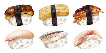 Premium realistic hand-drawn watercolor illustration set of traditional Japanese Nigiri sushi. Featuring foie gras, egg omelet, saltwater eel, red sea bream and mackerel on rice. Isolated background.の写真素材
