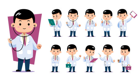 Collection of a cute chibi male doctor character in various professional poses. Perfect for healthcare presentations, medical apps, and educational materials.のイラスト素材
