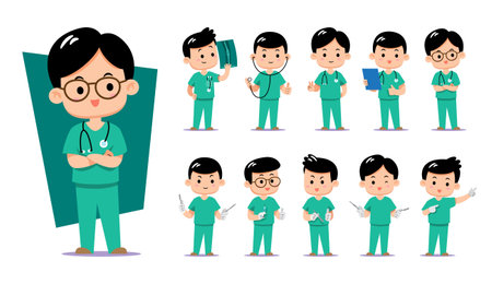 Collection of a cute chibi male surgeon or nurse wearing green medical scrubs and glasses in various professional poses. Perfect for surgery-related content and hospital staff trainingのイラスト素材