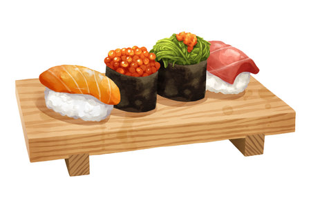 Premium realistic hand-drawn watercolor illustration of sushi set on a wooden geta includes salmon nigiri, salmon roe or ikura, gunkan, seaweed salad, and tuna nigiri. Isolated on white background.の写真素材