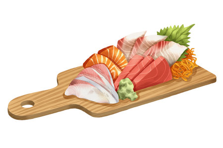 Premium realistic hand-drawn watercolor illustration of sashimi set on wooden paddle-style cutting board includes salmon, tuna, hamachi and white fish with shiso leaves and wasabi. Isolated backgroundの写真素材