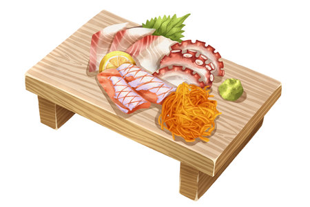 Premium realistic hand-drawn watercolor illustration of sashimi set on wooden geta includes octopus or tako, salmon toro and hamachi served with lemon, shiso, and wasabi. Isolated white background.の写真素材