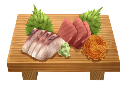 Premium realistic hand-drawn watercolor illustration of sashimi set on wooden geta includes sliced tuna or maguro and yellowtail or hamachi with shiso leaves, wasabi, and shredded daikon. Isolated.の写真素材
