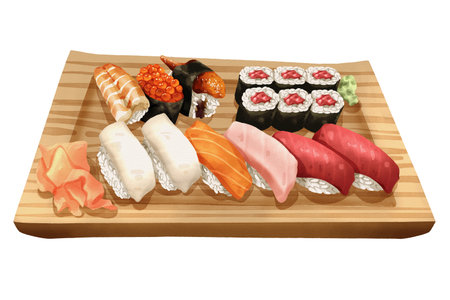 Premium realistic hand-drawn watercolor illustration of sushi set on wooden plate includes tuna hosomaki, salmon nigiri, tuna, shrimp, eel or unagi, and salmon roe or ikura gunkan maki. Isolated.の写真素材