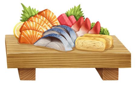 Premium realistic hand-drawn watercolor illustration of sashimi set on wooden geta includes salmon, tuna, surf clam or hokkigai, mackerel or saba, and tamagoyaki with shiso leaves and lemon. Isolated.の写真素材