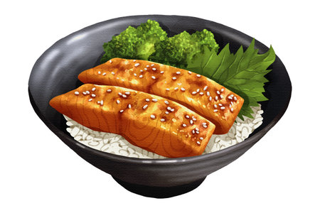 Premium realistic hand-drawn watercolor illustration of grilled salmon donburi with sesame seeds, broccoli, and shiso leaf served over rice. Isolated on white background.の写真素材