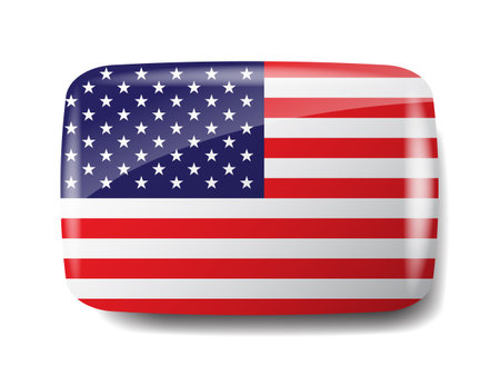 3D glossy rectangular United States flag button. Wide American flag badge with reflection and shadow isolated on white. Ideal for web navigation and national events.のイラスト素材