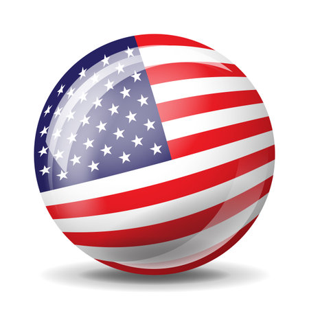 3D glossy sphere with United States flag design. Realistic American flag orb with shadow isolated on white background. Concept for global politics, sports, and national identity. Vector illustration.のイラスト素材